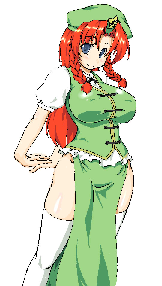 beret, blue_eyes, braid, breasts, china_dress, chinadress, chinese_clothes, curvy, hat, hong_meiling, impossible_clothes, impossible_shirt, large_breasts, long_hair, lute_(artist), no_panties, oekaki, red_hair, redhead, shirt, solo, thigh-highs, thighhighs, touhou, twin_braids, wide_hips
