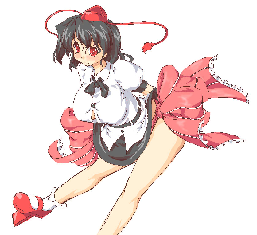 black_hair, bow, breasts, geta, hat, large_breasts, lute_(artist), oekaki