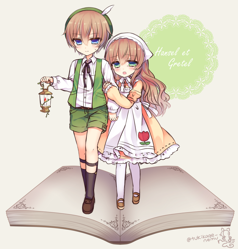 1boy, 1girl, blue_eyes, brown_hair, green_eyes, gretel_(grimm), grimm's_fairy_tales, hansel_(grimm)