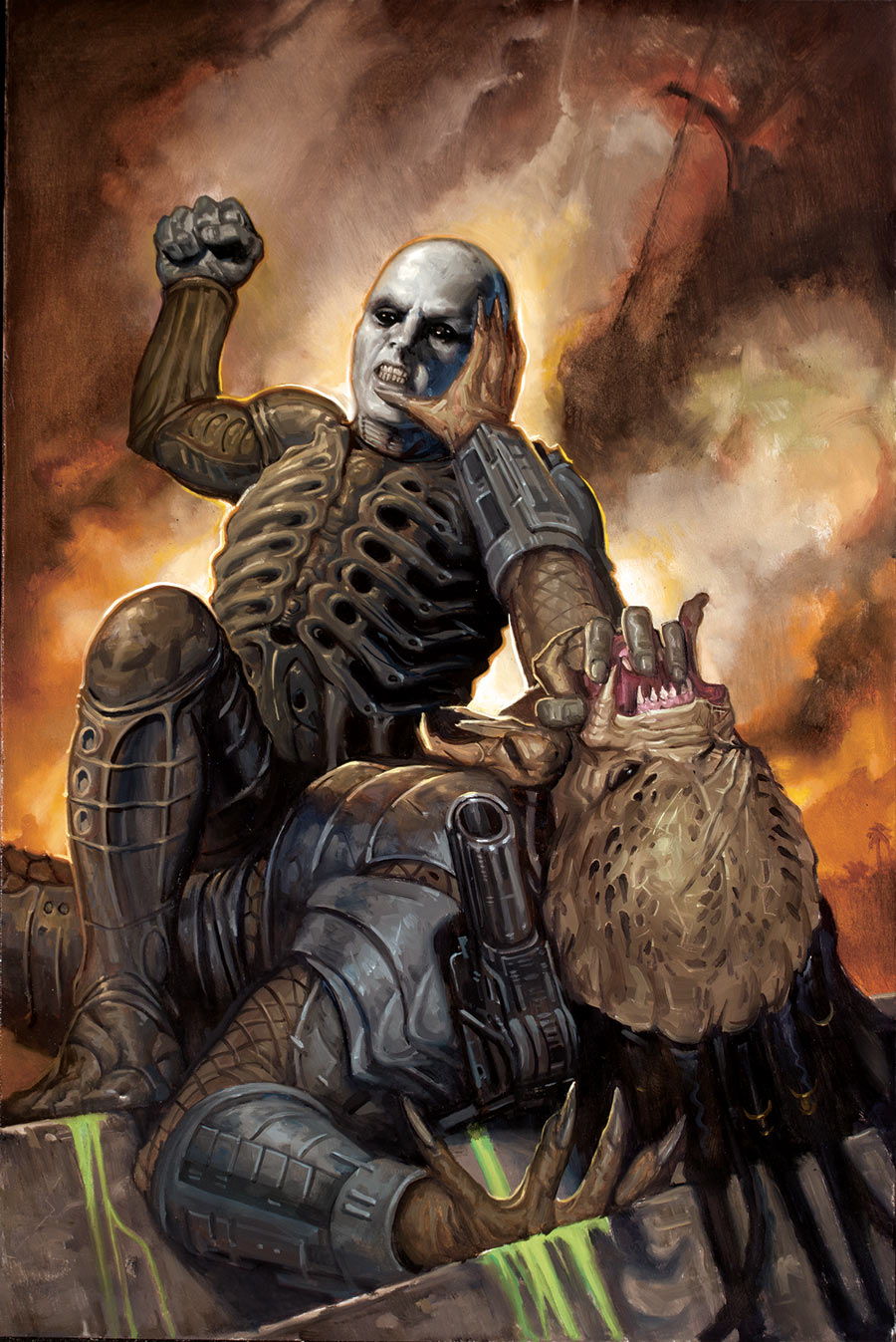 alien, armor, bald, battle, black_sclera, blood, bodysuit, claws