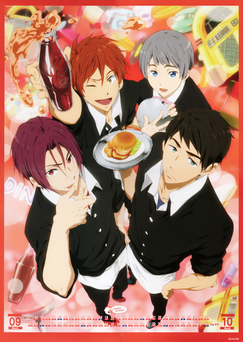 4boys, absurdres, black_hair, blue_eyes, calendar, free!, grey_hair, highres, male_focus, matsuoka_rin, mikoshiba_momotarou, mole, multiple_boys, nitori_aiichirou, official_art, one_eye_closed, orange_hair, red_eyes, redhead, short_hair, waiter, yamazaki_sousuke, yellow_eyes