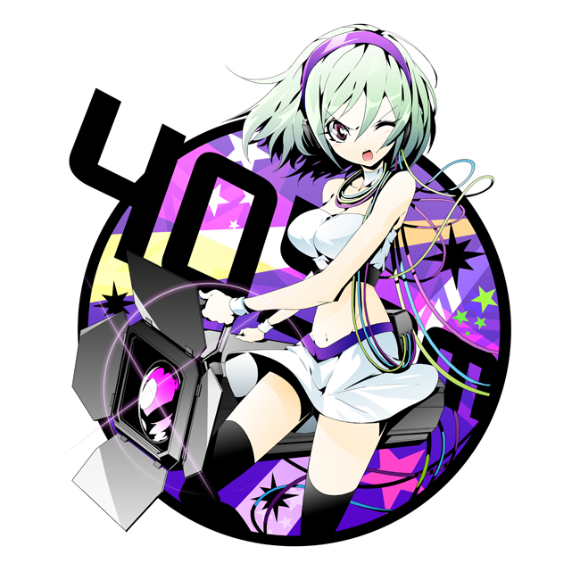 >;d, 1girl, 405nm, aqua_hair, bangs, beatmania, beatmania_iidx, black_legwear