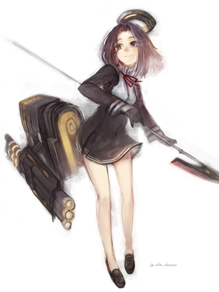 1girl, absurdres, aika_warazu, glaive, gloves, highres, kantai_collection, mechanical_halo, purple_hair, short_hair, smile, tatsuta_(kantai_collection), violet_eyes