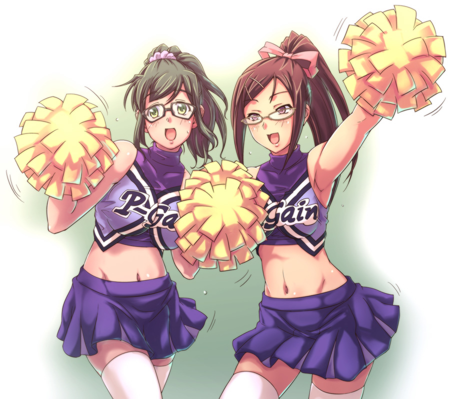 amasaki_aoi, armpits, bare_shoulders, cheerleader, e20, glasses, houzumi_kaede, midriff