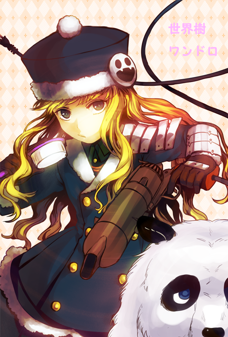 1girl, armor, blonde_hair, blue_eyes, coat, fur_trim, gloves, gunner