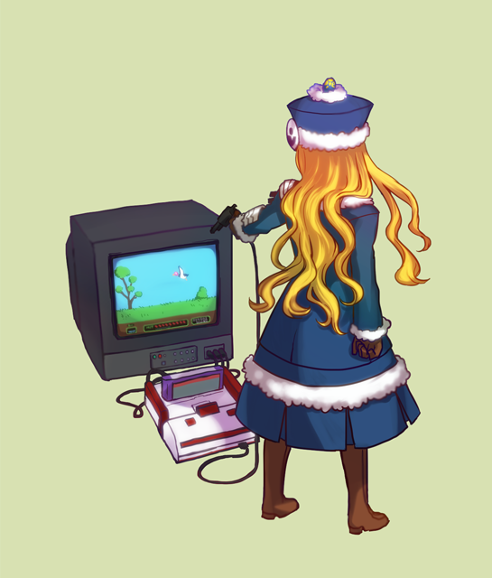 1girl, aiming, blonde_hair, boots, coat, controller, duck_(duck_hunt), duck_hunt