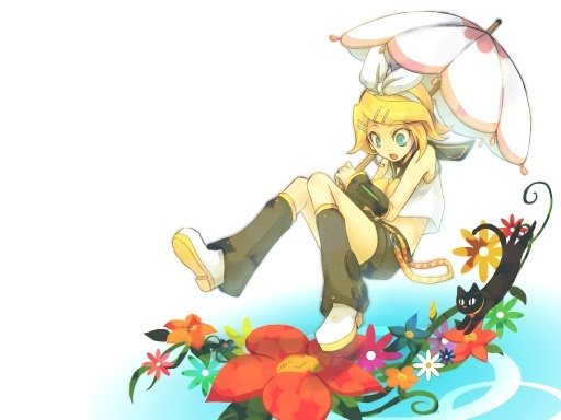 blue_eyes, cat, flower, hair_ornament, hair_ribbon, hairclip, kagamine_rin, midriff