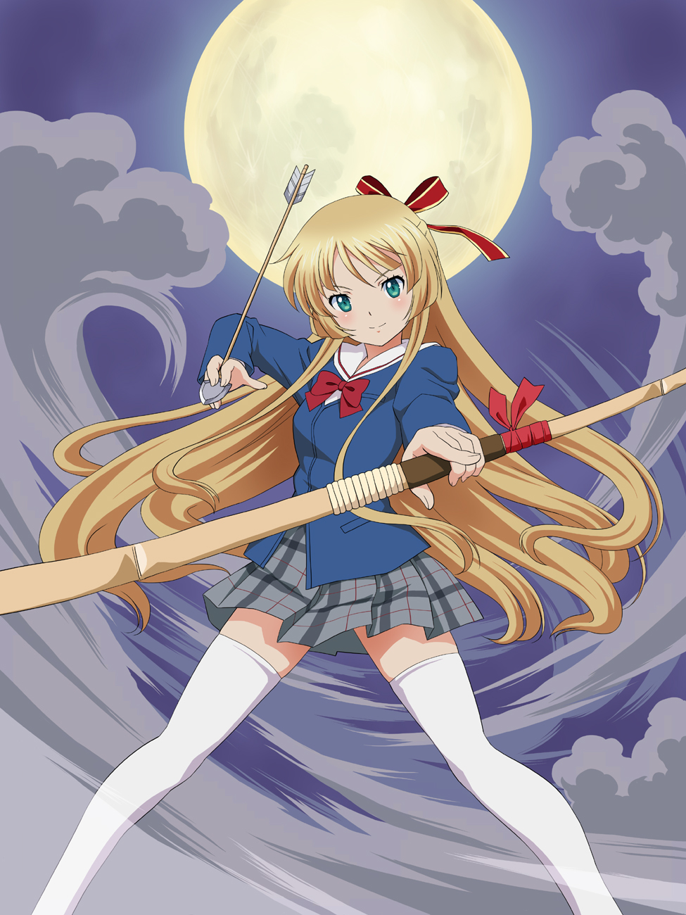 1girl, arrow, blonde_hair, blue_eyes, blush, bow_(weapon), full_moon, highres