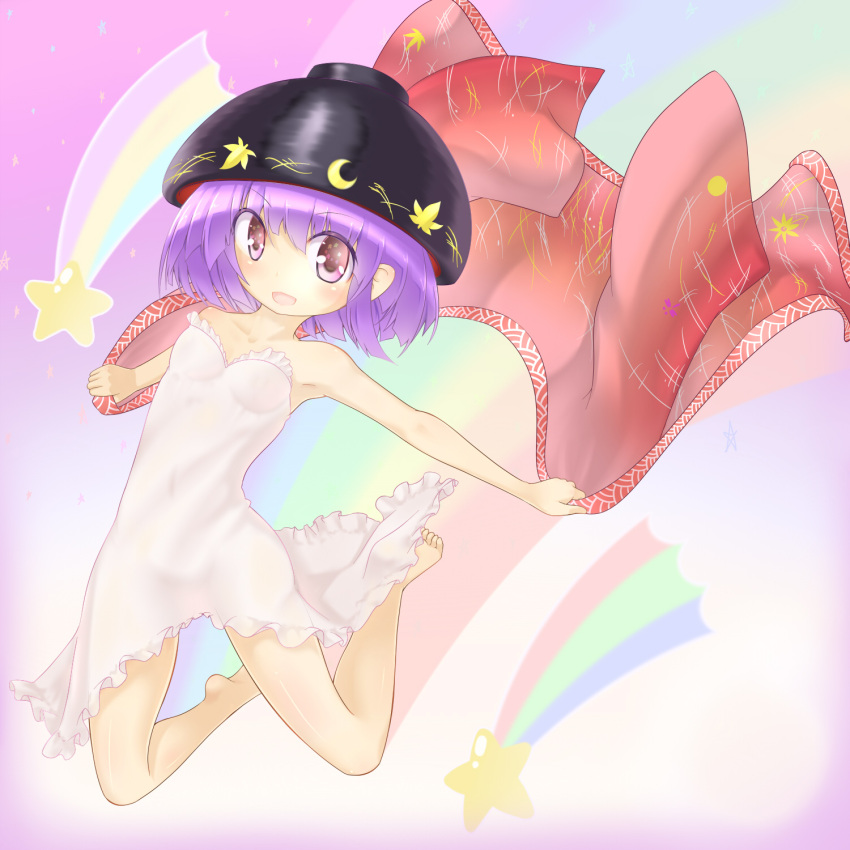 1girl, armpits, bare_arms, bare_legs, bare_shoulders, barefoot, bowl_hat, camisole