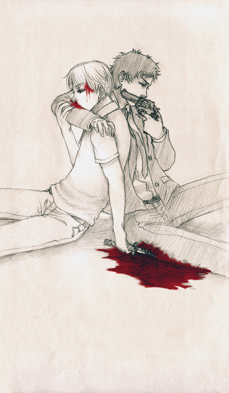 adachi_tohru, blood, gun, injury, lmc, male, monochrome, narukami_yuu