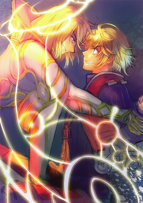 2boys, blonde_hair, multiple_boys, nadir, shulk, spoilers, xanthe, xenoblade