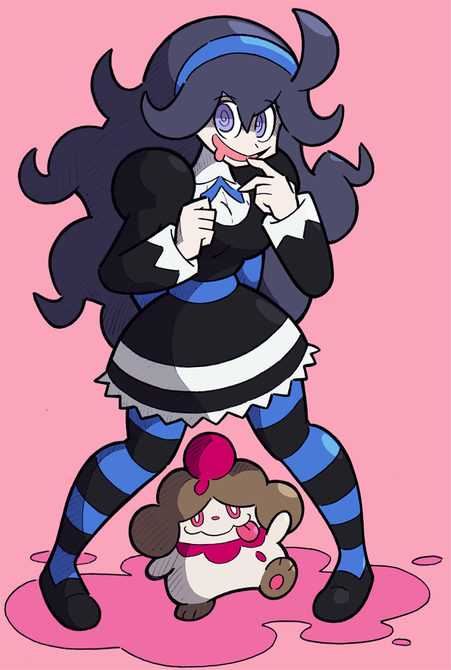1girl, @_@, alternate_color, cosplay, hairband, hex_maniac_(pokemon), long_hair, looking_at_viewer