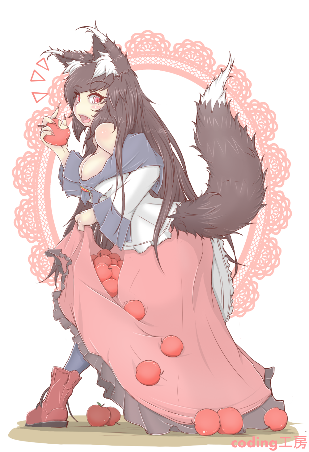 1girl, animal_ears, apple, bare_shoulders, breasts, brooch, brown_hair, cube85