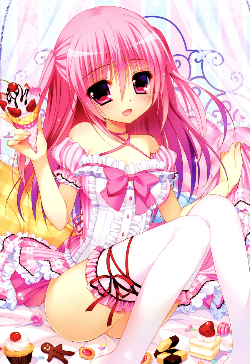 1girl, :d, absurdres, breasts, cake, candy, cookie, criss-cross_halter
