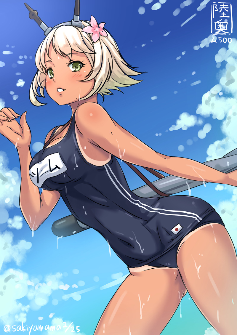 1girl, alternate_costume, alternate_hair_color, alternate_skin_color, blonde_hair, breasts, flower, flower_on_head