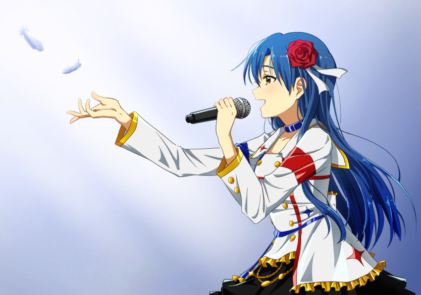 1girl, black_skirt, blue_hair, brown_eyes, choker, feathers, flower, hair_flower