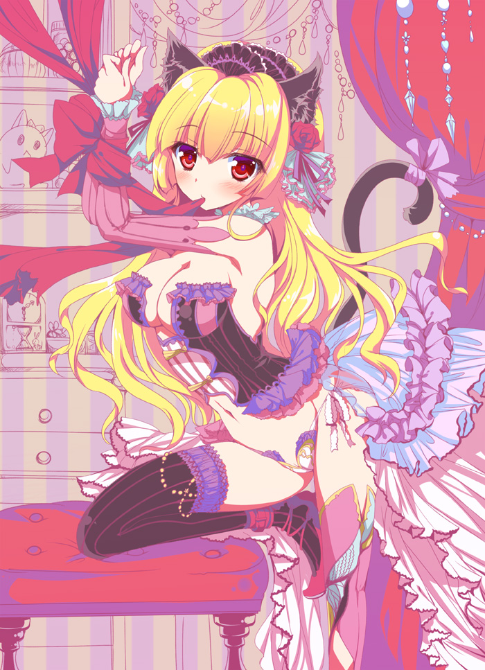 1girl, animal_ears, black_legwear, blonde_hair, breasts, cat_ears, cat_tail, cleavage