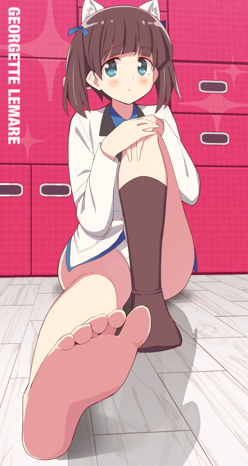 1girl, animal_ears, blue_eyes, blue_ribbon, blush, brown_hair, cat_ears, character_name