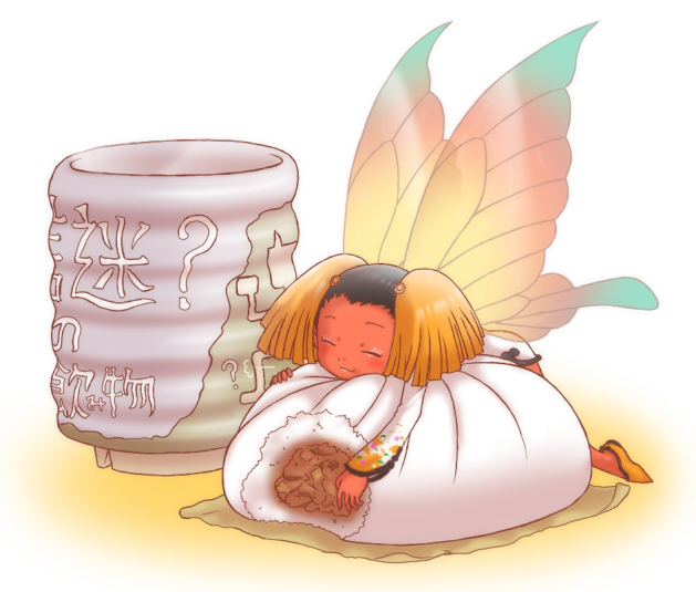 1girl, black_hair, closed_eyes, fairy, fairy_wings, food, hua-po, long_sleeves