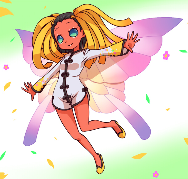 1girl, black_hair, blue_eyes, bodysuit, fairy, fairy_wings, flower, gradient