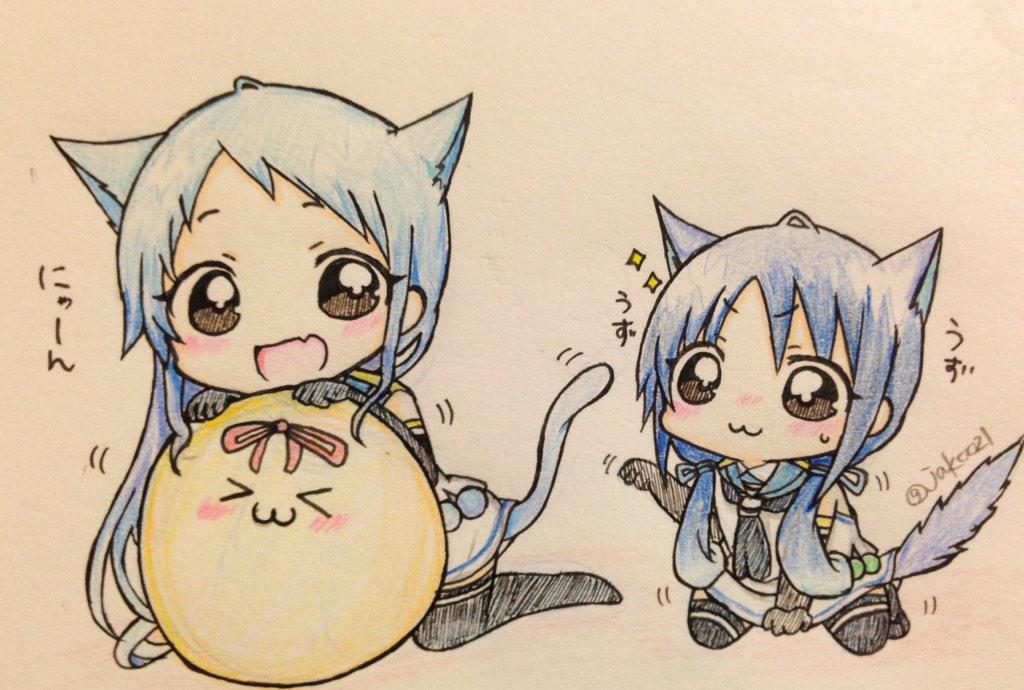 >_<, 2girls, :3, animal_ears, black_legwear, blue_hair, blush, brown_eyes