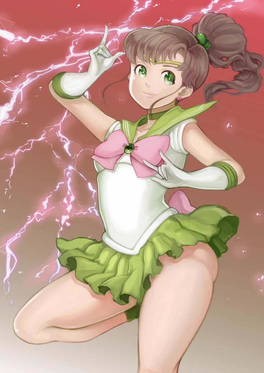 1girl, \m/, absurdres, artist_name, bishoujo_senshi_sailor_moon, bow, brooch, brown_hair