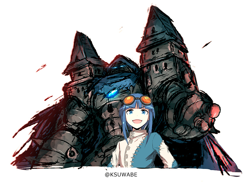 >:d, 1girl, :d, blue_eyes, blue_hair, frankenstein's_castle, goggles, goggles_on_head