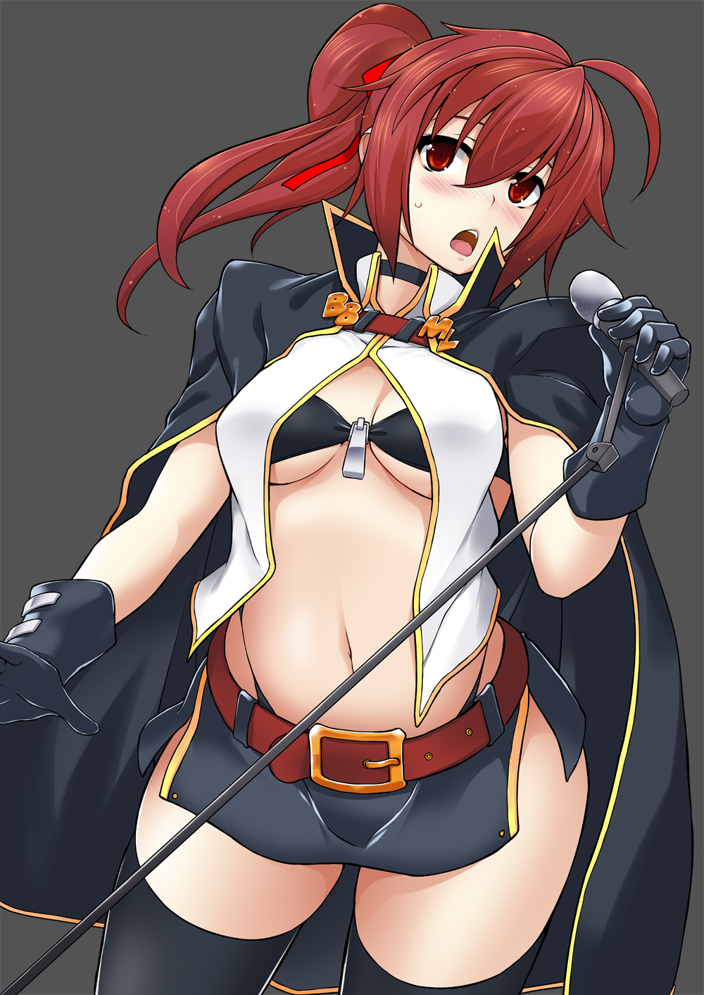 1girl, ahoge, alternate_costume, belt, black_gloves, black_legwear, blazblue, blazblue_phase_0