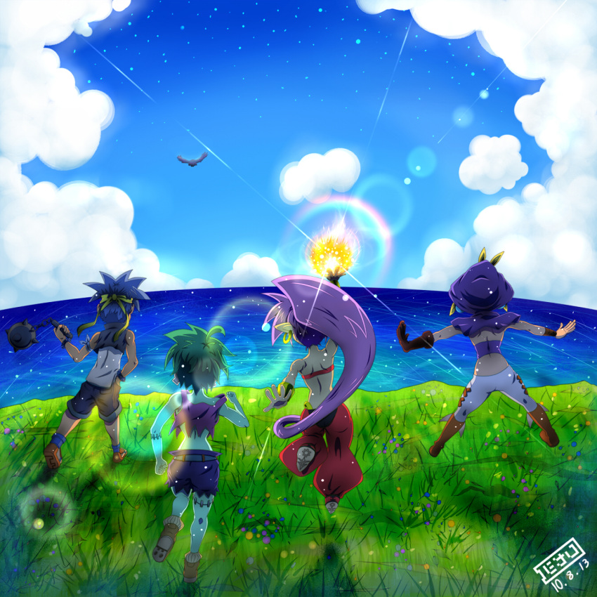 1boy, 3girls, ball_and_chain, blonde_hair, blue_hair, blue_skin, bolo_(shantae), cliff