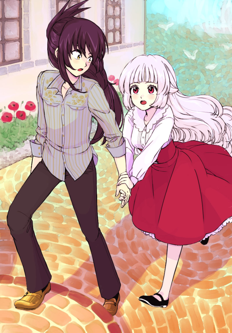 1girl, alternate_costume, black_hair, blush, casual, couple, dress, hetero, holding_hands, husband_and_wife, iron_maiden_jeanne, key_kanako, long_hair, red_eyes, running, shaman_king, silver_hair, smile, tao_ren, very_long_hair, yellow_eyes