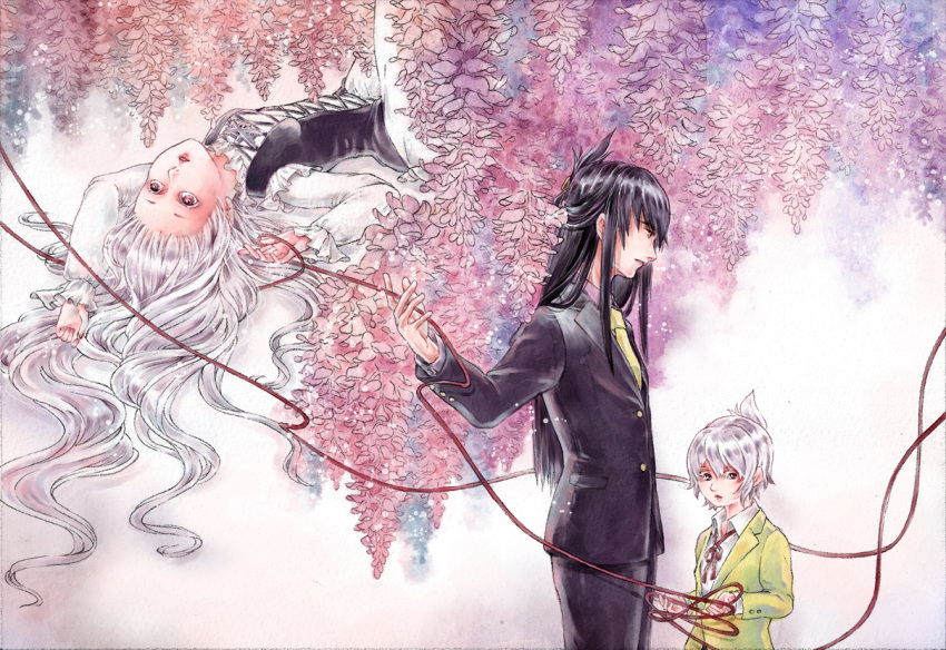 1girl, 2boys, black_hair, couple, family, father_and_son, formal, hetero