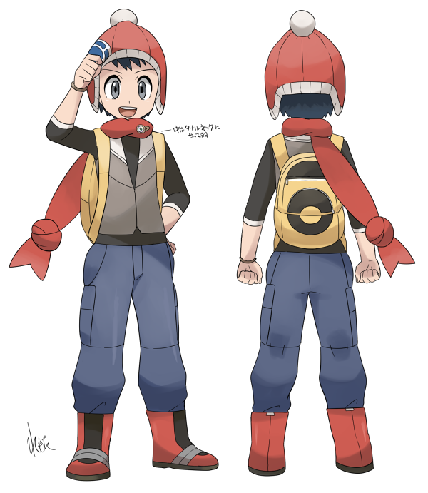 alternate_costume, backpack, bag, black_hair, bobblehat, character_sheet, grey_eyes, kouki_(pokemon)