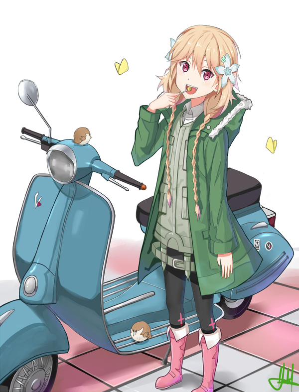 :d, bird, blonde_hair, boots, butterfly, candy, eating, flower