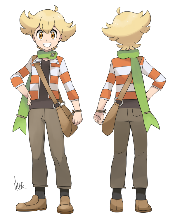 1boy, bag, blonde_hair, character_sheet, flipped_hair, green_scarf, grin, jun_(pokemon)