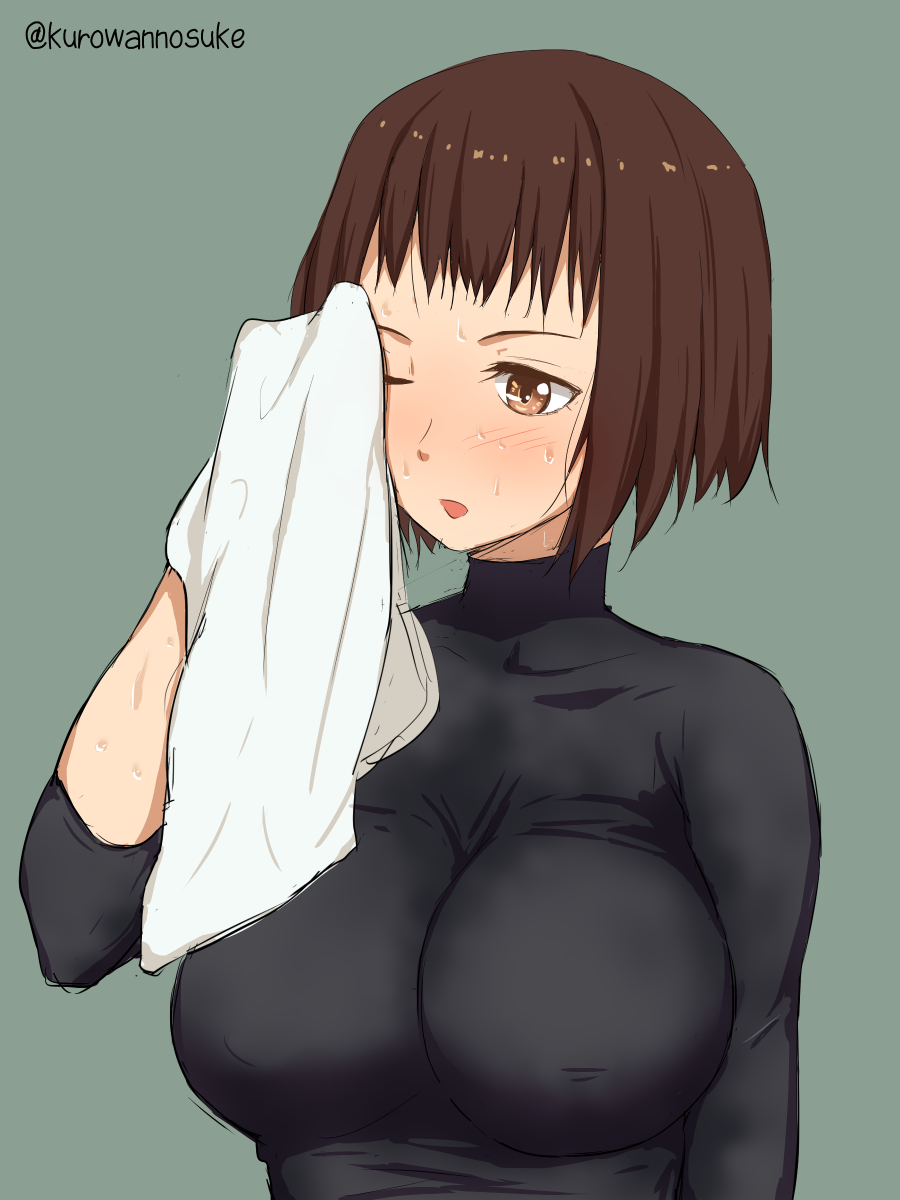 1girl, black_shirt, breasts, brown_eyes, brown_hair, highres, hot, hyuuga_(kantai_collection)