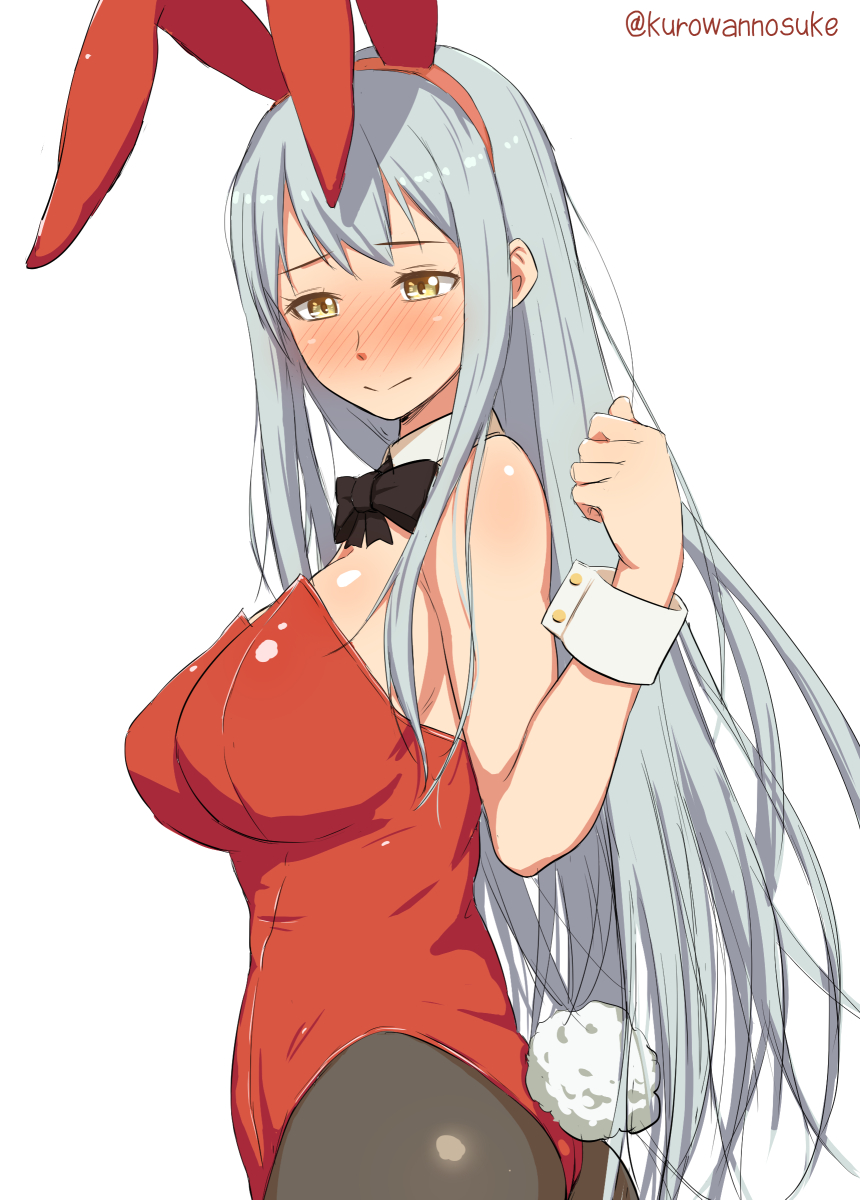 1girl, alternate_costume, animal_ears, blush, breasts, bunnysuit, embarrassed, from_side