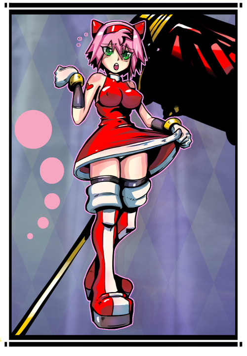 1girl, amy_rose, animal_ears, black_legwear, blush, boots, breasts, dress