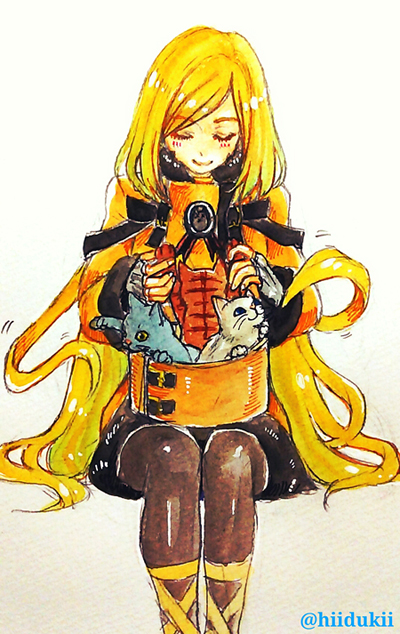 1girl, animal, black_legwear, blonde_hair, blush, cat, closed_eyes, dress, fur_hat, guilty_gear, guilty_gear_xrd, hat, hat_removed, headwear_removed, hitsuki_(hiidukii), long_hair, long_sleeves, millia_rage, motion_lines, pantyhose, prehensile_hair, sitting, smile, solo, traditional_media, twitter_username, ushanka, very_long_hair, watercolor_(medium), yellow_dress