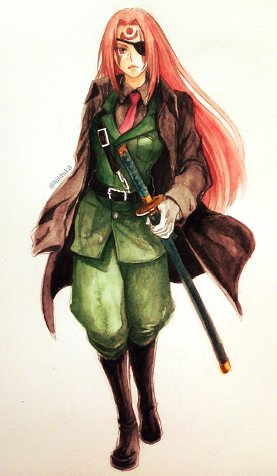 1girl, amputee, baiken, belt, boots, eye_scar, eyepatch, facial_mark