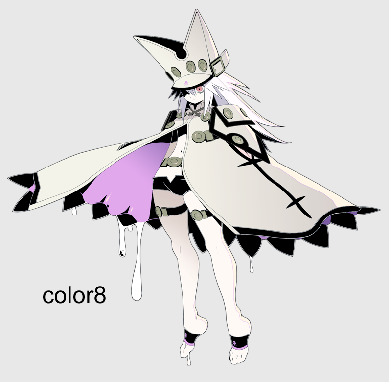 1girl, 8055, alternate_color, belt, cape, floating, full_body, guilty_gear, guilty_gear_xrd, hat, long_hair, navel, ramlethal_valentine, red_eyes, short_shorts, shorts, solo, thigh_strap, white_hair, white_skin