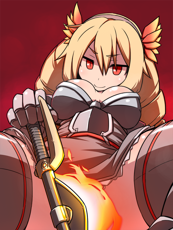 1girl, armor, axe, blonde_hair, brave_frontier, breasts, cleavage, covering