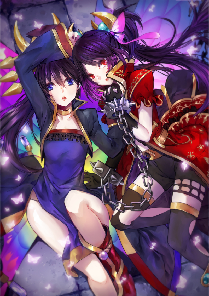 2girls, alice_(brave_frontier), amksr417, black_gloves, blue_eyes, boots, brave_frontier, butterfly