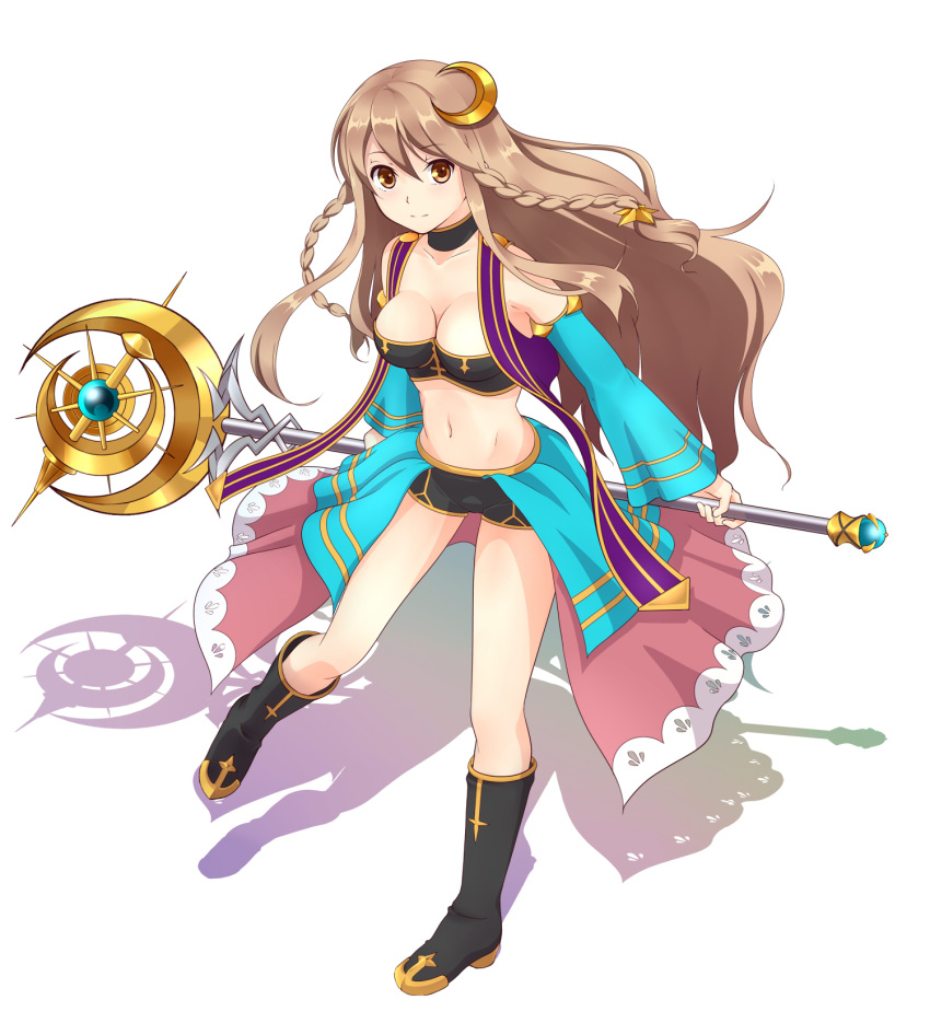 1girl, boots, braid, brave_frontier, breasts, brown_hair, cleavage, crescent_hair_ornament
