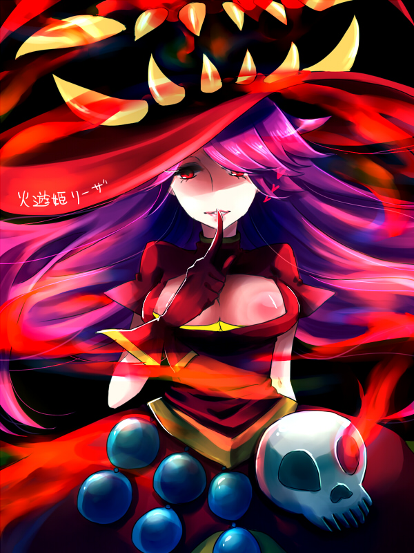 1girl, brave_frontier, breasts, cleavage, dress, finger_to_mouth, gloves, hat