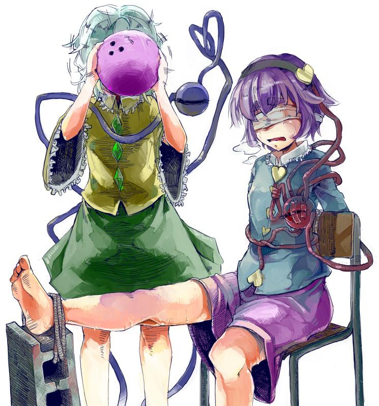 2girls, artist_request, ball, barefoot, bdsm, blindfold, bowling_ball, cinder_block