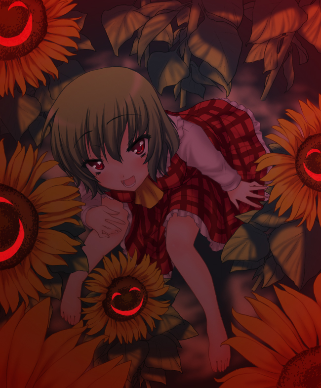barefoot, feet, flower, from_above, glowing, glowing_eyes, glowing_smile, green_hair