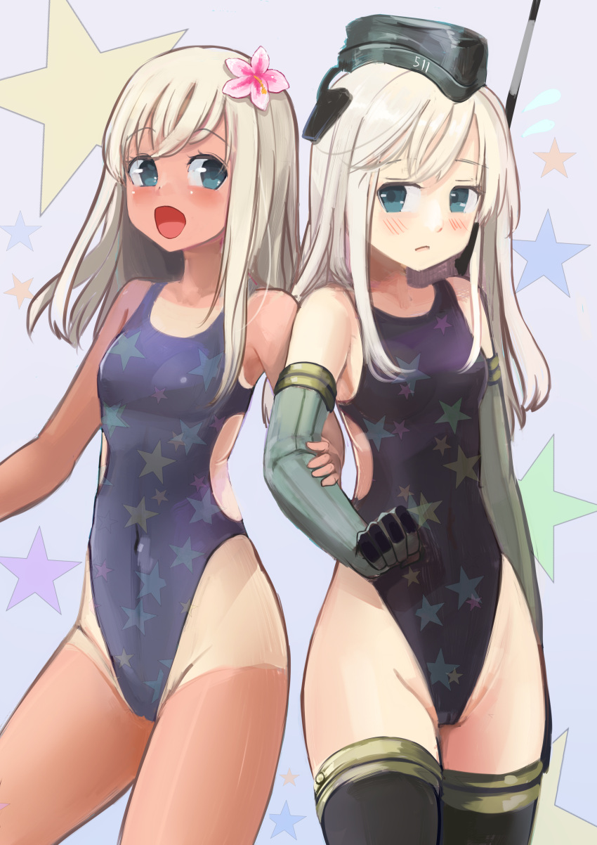 2girls, absurdres, bare_shoulders, black_legwear, blonde_hair, blue_eyes, blush, casual_one-piece_swimsuit, covered_navel, cowboy_shot, dual_persona, embarrassed, flower, flying_sweatdrops, garrison_cap, gradient, gradient_background, hair_flower, hair_ornament, hat, highleg, highleg_swimsuit, highres, kantai_collection, long_hair, looking_at_another, looking_at_viewer, mound_of_venus, multiple_girls, one-piece_swimsuit, open_mouth, parted_lips, print_swimsuit, purple_background, ro-500_(kantai_collection), side_glance, small_breasts, smile, star, swimsuit, tada_no_ichigo, tan, tanline, thigh-highs, u-511_(kantai_collection)