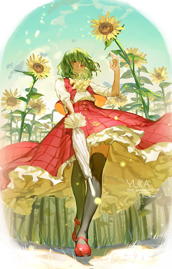 1girl, ascot, black_legwear, character_name, copyright_name, dated, flower, green_hair