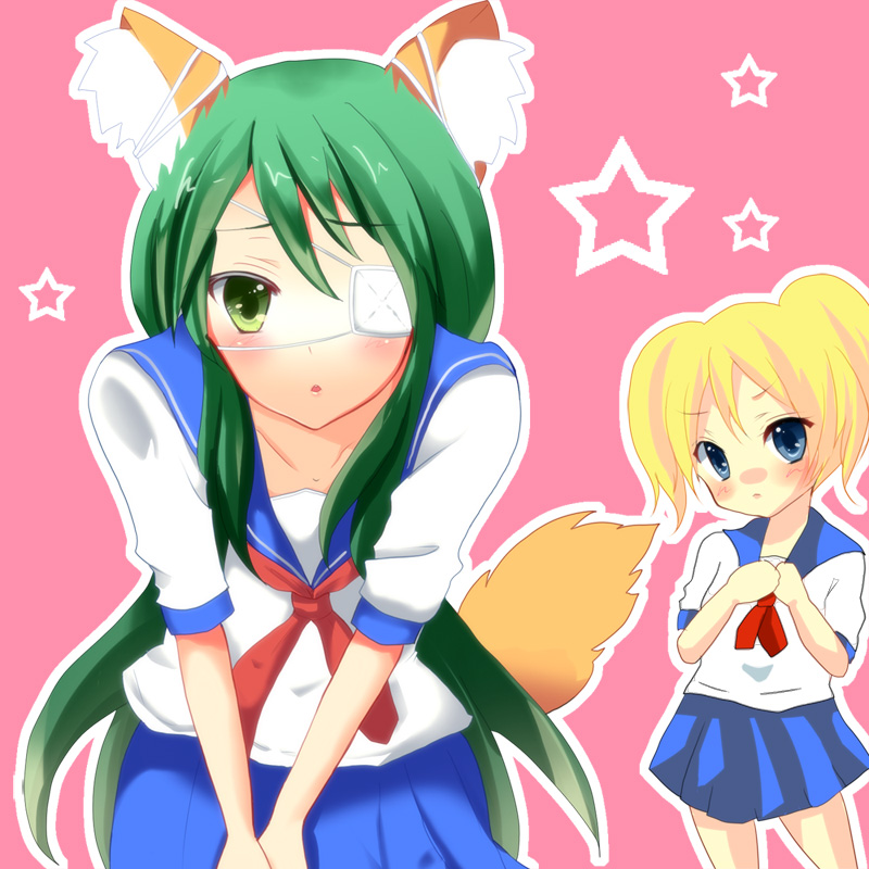 bad_id, blush, eyepatch, fox_ears, hoshino_yachiho, kyuruten, noberuge, school_uniform