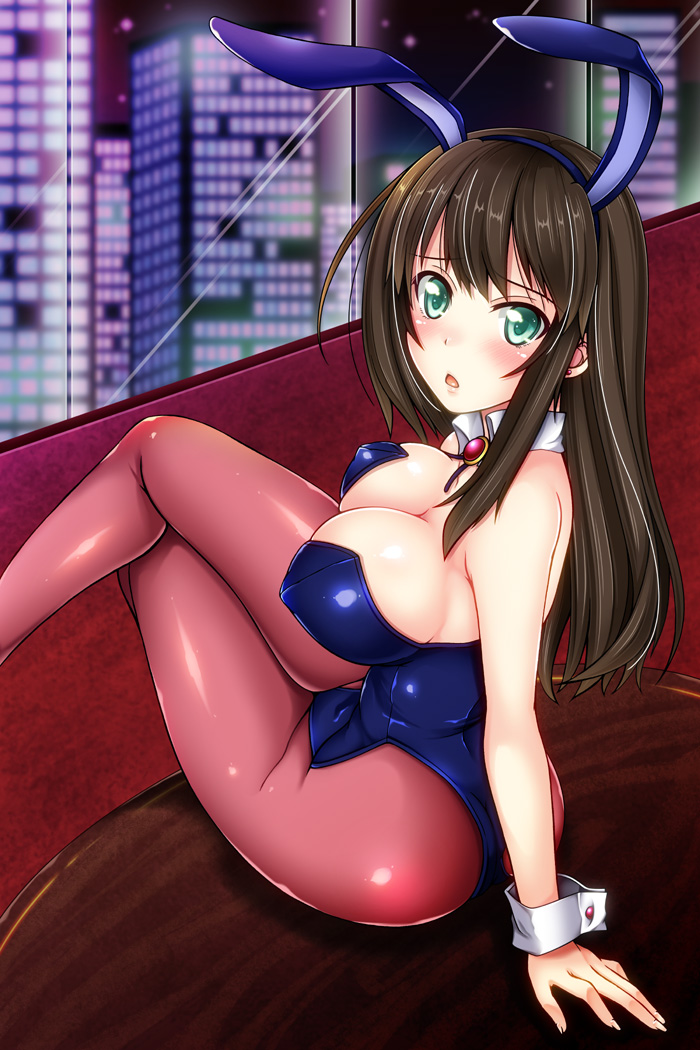1girl, animal_ears, breasts, brown_hair, bunny_tail, bunnysuit, cityscape, cleavage, crossed_legs, detached_collar, green_eyes, idolmaster, idolmaster_cinderella_girls, kizaki_yuuri, large_breasts, long_hair, looking_at_viewer, pantyhose, rabbit_ears, shibuya_rin, sitting, tail, wrist_cuffs